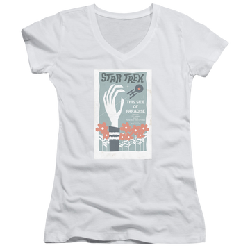 White juniors v-neck t-shirt with Star Trek Tos Episode 24 graphic