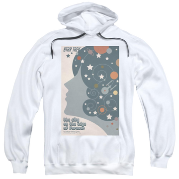 White pullover hoodie with Star Trek Tos Episode 28 graphic