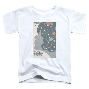 White toddler t-shirt with Star Trek Tos Episode 28 graphic