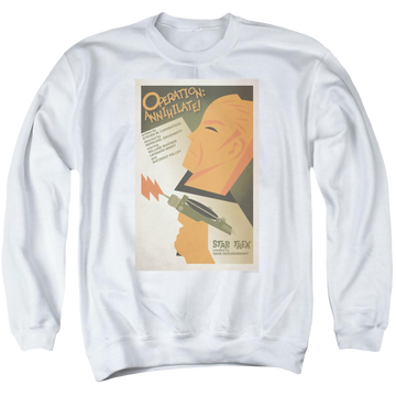 White men's crewneck sweatshirt with Star Trek Tos Episode 29 graphic