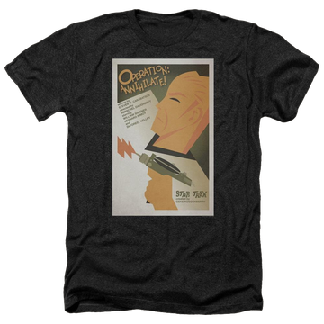 Black men's heather t-shirt with Star Trek Tos Episode 29 graphic