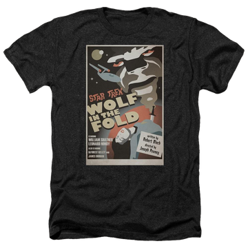 Black men's heather t-shirt with Star Trek Tos Episode 43 graphic