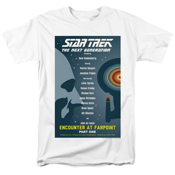 White men's regular fit t-shirt with Star Trek The Next Generation Season 1 Episode 1 graphic
