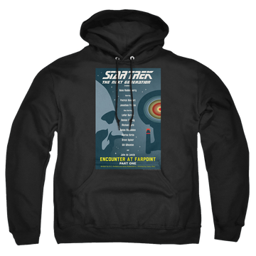 Black pullover hoodie with Star Trek The Next Generation Tng Season 1 Episode 1 graphic