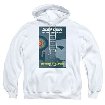 White pullover hoodie with Star Trek The Next Generation Tng Season 1 Episode 2 graphic