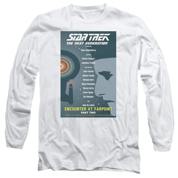 White men's long sleeve t-shirt with Star Trek The Next Generation Tng S1 Ep2 graphic