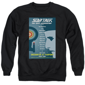 Black men's crewneck sweatshirt with Star Trek The Next Generation Tng S1 Ep2 graphic