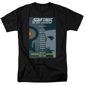 Black men's regular fit t-shirt with Star Trek The Next Generation Season 1 Episode 2 graphic
