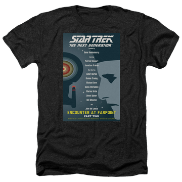 Black men's heather t-shirt with Star Trek The Next Generation Tng Season 1 Episode 2 graphic