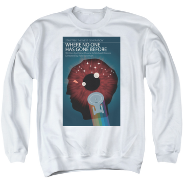 White men's crewneck sweatshirt with Star Trek The Next Generation Tng S1 Ep6 graphic