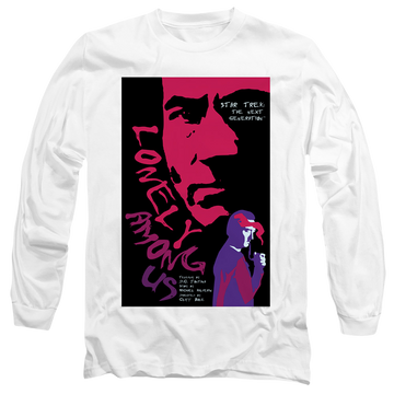 White men's long sleeve t-shirt with Star Trek The Next Generation Tng S1 Ep7 graphic
