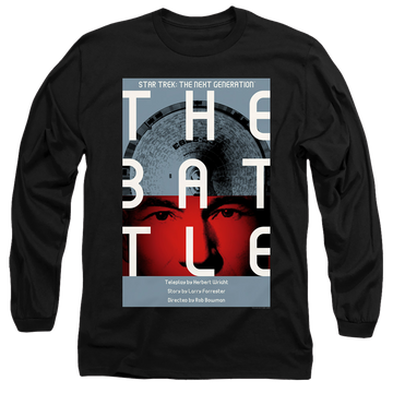 Black men's long sleeve t-shirt with Star Trek The Next Generation Tng S1 Ep9 graphic