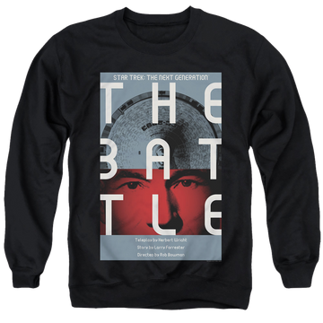 Black men's crewneck sweatshirt with Star Trek The Next Generation Tng S1 Ep9 graphic