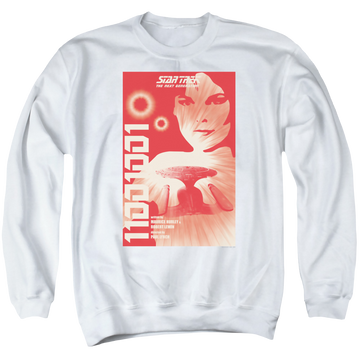 White men's crewneck sweatshirt with Star Trek The Next Generation Tng S1 Ep15 graphic