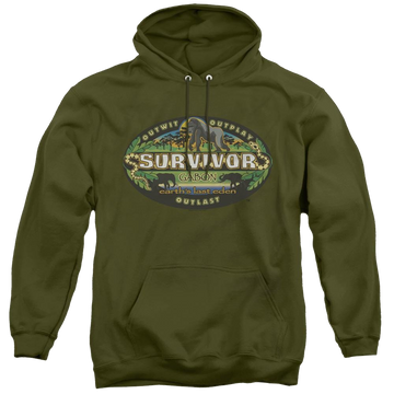 Military green pullover hoodie with Survivor Gabon Logo graphic
