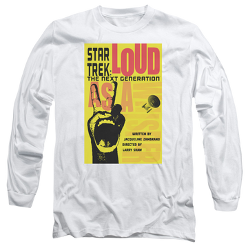 White men's long sleeve t-shirt with Star Trek The Next Generation Tng S2 Ep5 graphic