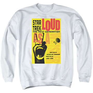 White men's crewneck sweatshirt with Star Trek The Next Generation Tng S2 Ep5 graphic