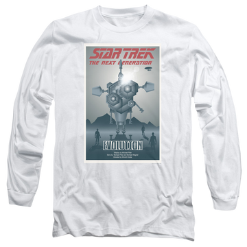 White men's long sleeve t-shirt with Star Trek The Next Generation Tng S3 Ep1 graphic