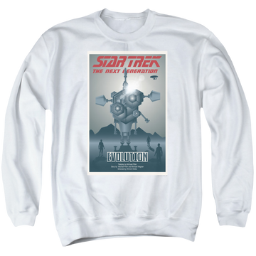 White men's crewneck sweatshirt with Star Trek The Next Generation Tng S3 Ep1 graphic