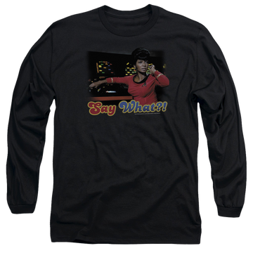 Black men's long sleeve t-shirt with Star Trek Say What graphic