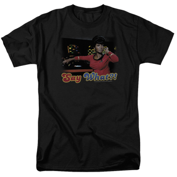 Black men's regular fit t-shirt with Star Trek Say What graphic