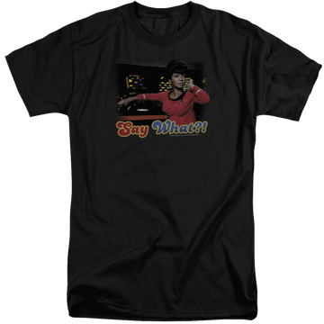 Black men's tall fit t-shirt with Star Trek Say What graphic
