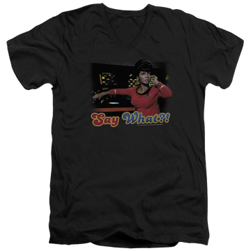 Black men's v-neck t-shirt with Star Trek Say What graphic