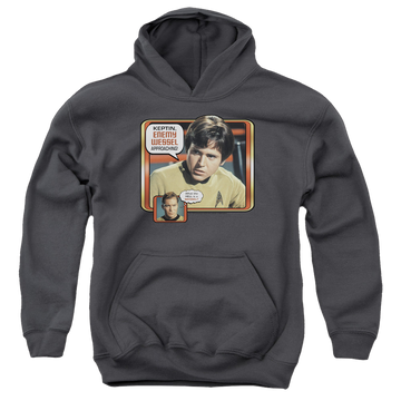 Charcoal youth hoodie for ages 8 to 12 with Star Trek The Original Series Enemy Wessel graphic