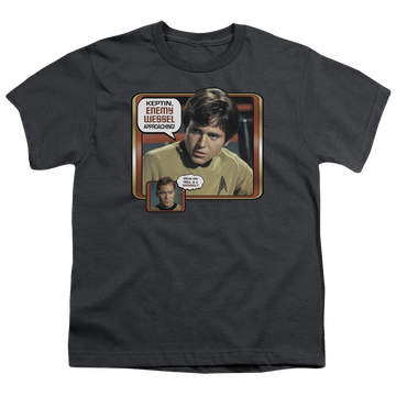 Charcoal youth t-shirt for ages 8 to 12 with Star Trek The Original Series Enemy Wessel graphic