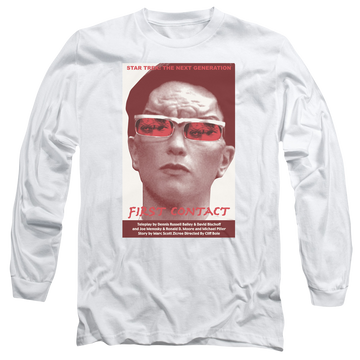 White men's long sleeve t-shirt with Star Trek The Next Generation Tng S4 Ep15 graphic