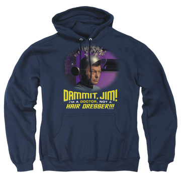 Navy pullover hoodie with Star Trek Not A Hair Dresser graphic