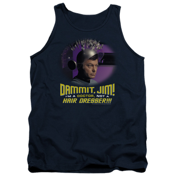 Navy men's tank with Star Trek Not A Hair Dresser graphic