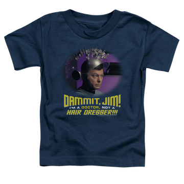 Navy toddler t-shirt with Star Trek Not A Hair Dresser graphic