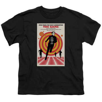 Black youth t-shirt for ages 8 to 12 with Star Trek The Next Generation Tng Season 5 Episode 6 graphic