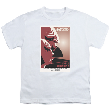 White youth t-shirt for ages 8 to 12 with Star Trek The Next Generation Tng Season 5 Episode 10 graphic