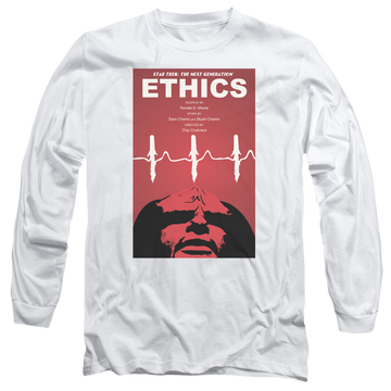 White men's long sleeve t-shirt with Star Trek The Next Generation Tng S5 Ep16 graphic