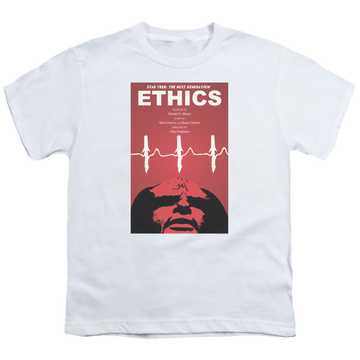 White youth t-shirt for ages 8 to 12 with Star Trek The Next Generation Tng Season 5 Episode 16 graphic