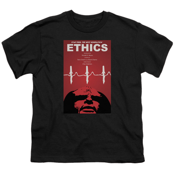 Black youth t-shirt for ages 8 to 12 with Star Trek The Next Generation Tng Season 5 Episode 16 graphic