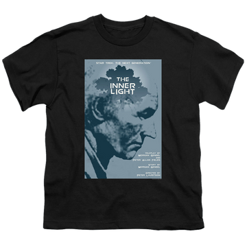 Black youth t-shirt for ages 8 to 12 with Star Trek The Next Generation Tng Season 5 Episode 25 graphic