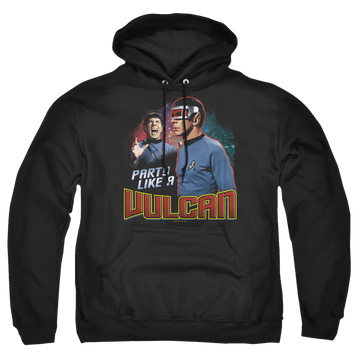 Black pullover hoodie with Star Trek Party Like A Vulcan graphic