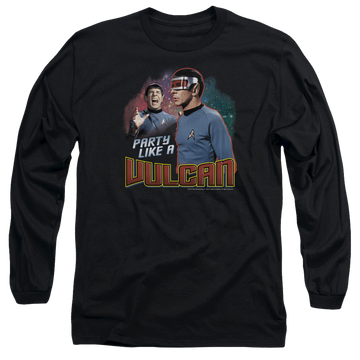Black men's long sleeve t-shirt with Star Trek Party Like A Vulcan graphic