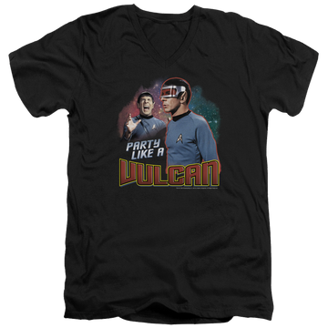 Black men's v-neck t-shirt with Star Trek Party Like A Vulcan graphic