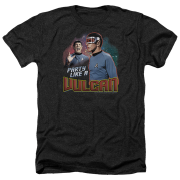 Charcoal men's heather t-shirt with Star Trek Party Like A Vulcan graphic