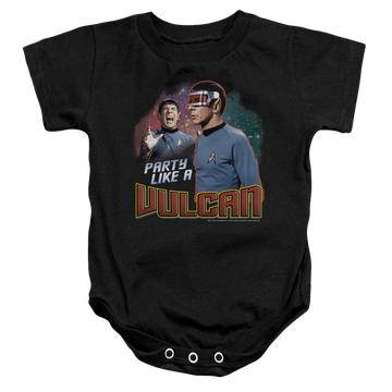 Black baby bodysuit with Star Trek Party Like A Vulcan graphic