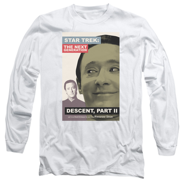 White men's long sleeve t-shirt with Star Trek The Next Generation Tng S7 Ep1 graphic