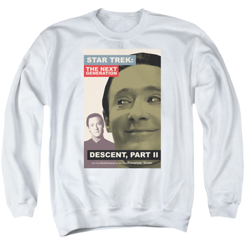 White men's crewneck sweatshirt with Star Trek The Next Generation Tng S7 Ep1 graphic
