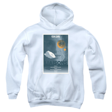 White youth hoodie for ages 8 to 12 with Star Trek The Next Generation Tng Season 7 Episode 2 graphic