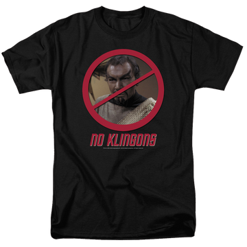 Black men's regular fit t-shirt with Star Trek No Klingons graphic