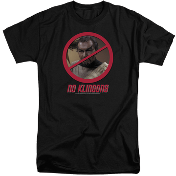 Black men's tall fit t-shirt with Star Trek No Klingons graphic