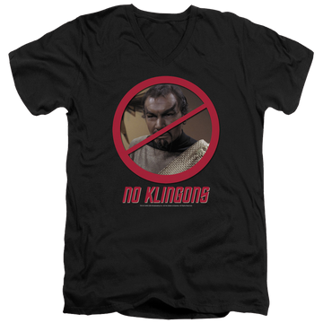 Black men's v-neck t-shirt with Star Trek No Klingons graphic